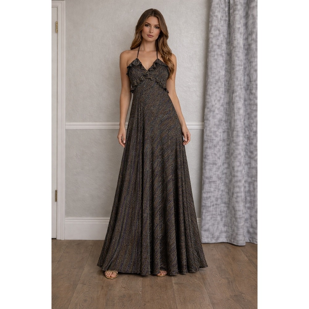 Jill‎ Jill Stuart Metallic Rainbow Stripe Ruffle Halter Maxi Dress Black Multi